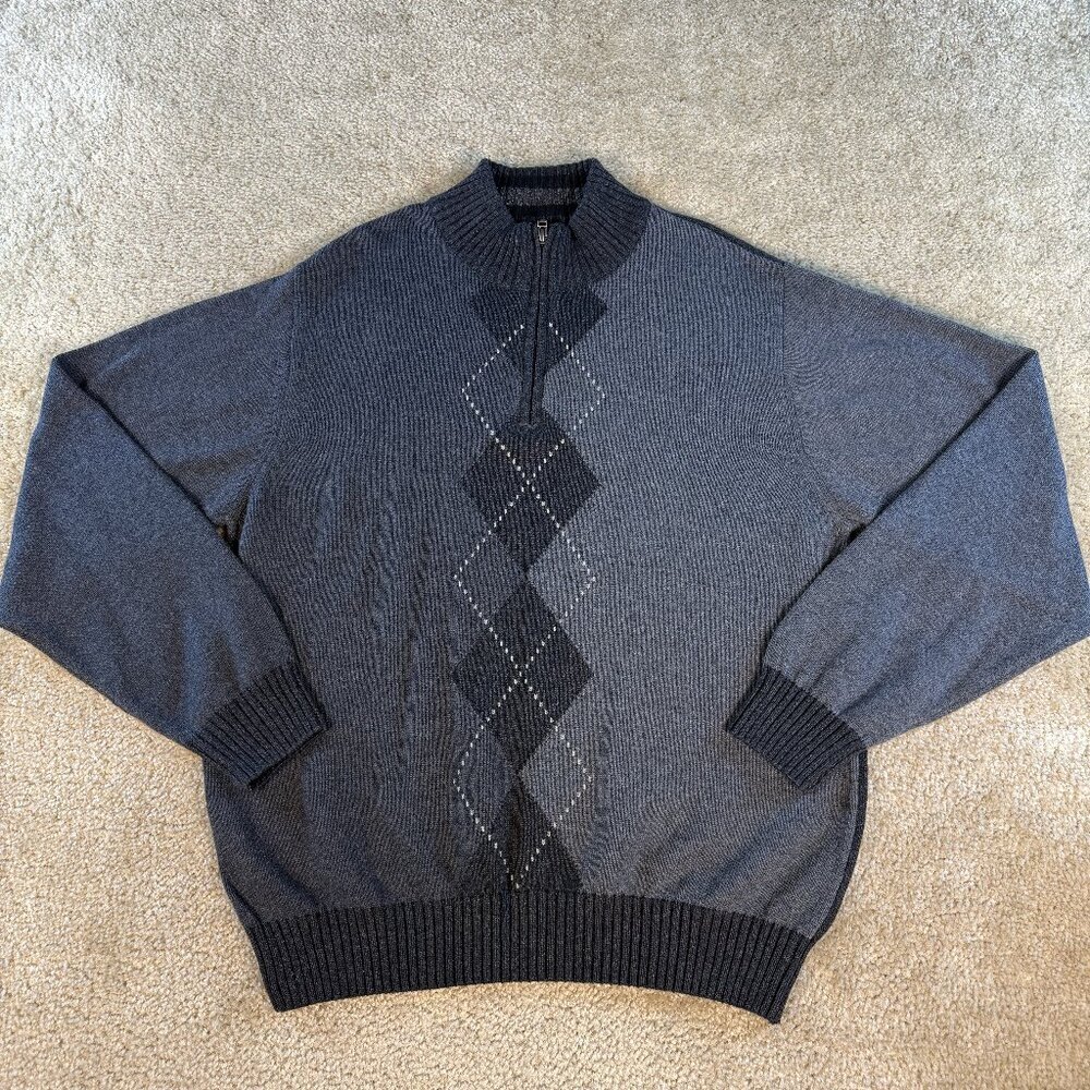 Alex Cannon Mens 100% Cotton 1/4 Zip Sz M Pull-Over Sweater Gray Argyle F485